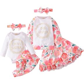 Unutiylo Little Big Sister Outfits Matching Toddler Baby Girl clothes Long Sleeve Ruffle Tops Romper Floral Pants Set