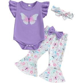 Newborn Baby Girl Clothes Butterfly Print Fly Sleeve Romper Onesie Bell Bottoms 3Pcs Set Infant Summer Clothes