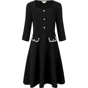 Women's 2024 A-Line Dress Work Square Neck Tweed 3/4 Sleeve Dresses