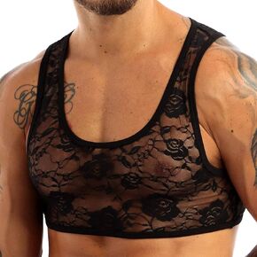 ZUYPSK Mens Sissy Lace Muscle Fitted T-Shirt Night Wear Lingerie Sleeveless Semi Transparent Vest Fitness Top Club Wear