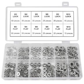 Split Lock and Flat Washer Assortment Set 304 Stainless Steel 400 Piece Silver, M3 M4 M5 M6 M8 M10 (Silver)