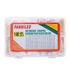PANMILED 140 Values 1400 Pieces Resistors Assortment Kit 0 ohm-10M ohm, 1/4W 5% Carbon Film Resistor Combination Kit, 0.25 Watt Plug-in Resistor Element Packaging