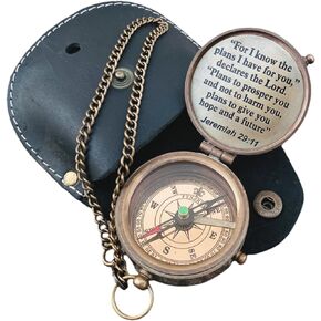 for i Know Bible Verse Compass, Christian Compass Religious Gift for Men, Confirmation Gift for Boys Teenage, Catholic Gifts- Baptism Gifts- Engraved Brass Compass with Leather Pouch
