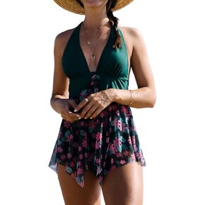 Beachsissi Women's Flower Print Skirt Swimsuits Mesh Patchwork Tankini Set