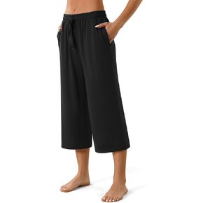 Maxbee Capri Pants for Women Drawstring Wide Leg Yoga Pants Elastic Waist Lounge Pants Loose Sweatpants
