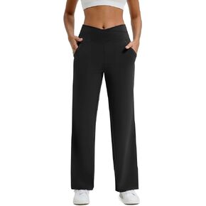 Maxbee Wide Leg Pants for Women Casual Work Pants Crossover High Waisted Yoga Pants with Pockets