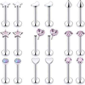 Threadless Noses Rings, Flat Back Earrings, 20G-Gauge 5/16in-Post 3mm-Top, 9Pairs Hypoallergenic Surgical Steel Cartilage Helix Tragus Conch Piercing Jewelry for Women Men.