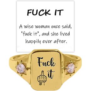 Bopiu FUCK IT Ring,Square Stackable Statement Letter Ring,Engraved Inspirational Handmade Alloy Ring,Suitable for Women Men