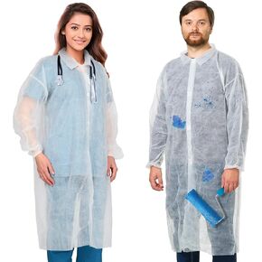 ABC Disposable Lab Coats for Adults X-Large, Pack of 10 White Disposable Lab Coat, Splash-Proof Plastic Lab Coats, Medical PPE Coat with Elastic Cuffs, Folded Collar, Hook & Loop Fastener, No Pockets