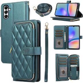 Argyle Wallet Case for Samsung Galaxy A05s/A05 with Wrist Strap Shoulder Strap, 9+ Card Slots Zipper Purse, Luxury PU Leather Stand Checkered Phone Cover for Ao5s Ao5 A 05s 05 Women Black