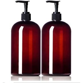 MountainLeaf 2 Pack 16 oz (475 ml) Boston Round Plastic PET Bottles with Black Lotion Pump Dispensers | Shampoo Lotion Soap DIY Bottles | Made in USA (Amber Bottle)