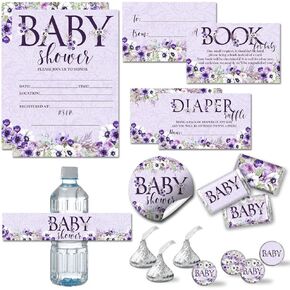 Amanda Creation Watercolor Violet Floral Baby Shower Party Bundle Includes 20 each of Invitations with Envelopes + 4 Different Sizes of Decorative Stickers, Diaper Tickets & Bring a Book Cards