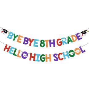Bye 8th Grade Hello High School Banner 8th Grade Graduation Banner 8th Grade Graduation Decorations 2024 for 8th Grad Graduation Party Decorations Glitter