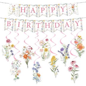 Flower Birthday Decorations for Girls, 11PCS Wildflower Happy Birthday Banner Garland Hanging Swirls Decoration Floral Party Decor for Women