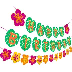 Hawaiian Party Happy Birthday Banner for Tropical Luau Party Palm Leaf Decorations