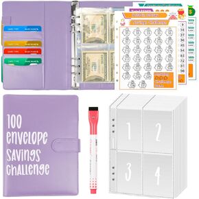 100 Days Savings Challenge Binder 100 Envelope Savings Book Dollar Envelope Challenge Binder, A5 Budget Binder with Cash Envelopes & 3 Budgeting Planner Trackers to Save $5,050