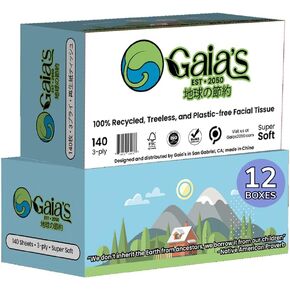 Gaias Premium 3 Ply Facial Tissues, Strong and Soft, 140 Sheets (1680 Sheets - 12 Boxes) Made From Recycled Paper, Zero Plastic Packaging, Eco-Friendly, Sustainable, Non-Lotion Nature Packaging