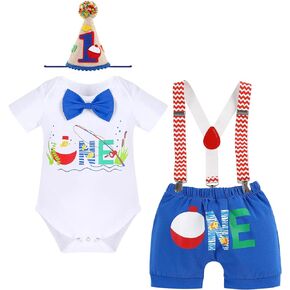 IBTOM CASTLE Toddler O-Fish-Ally One Theme 1st Birthday Cake Smash Outfit for Baby Boy Romper Suspenders Bowtie Fish Shorts
