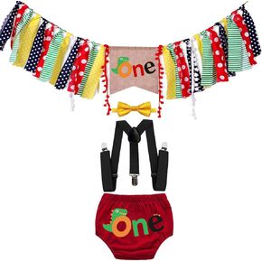 HIHCBF Baby Dinosaur Cake Smash Outfit 1st Birthday Photo Shoot Decorations Kit Highchair Banner Bloomers Suspenders Bowtie