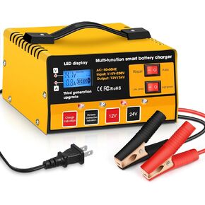 Car Battery Charger, Outerman 12V 24V Lead-Acid Battery Charger LCD Display Automatic Smart Battery Maintainer with Pulse Repair for Motorbike, Car, Boat, Lawn Mower (Orange)