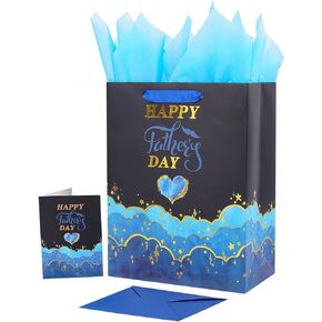 JWSCYSY 12.6" Large Black and Blue Happy Father's Day Gift Bag with Card and Tissue Paper