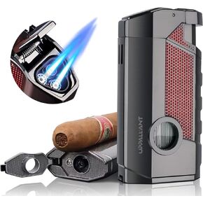 Torch Cigar Lighter with Triple Jet Flame, Built-in Cigar Punch & Cigar Holder, Cigar Gift for Christmas, Windproof Refillable Butane Torch Lighters for Men, Cool Lighters for Smoking, Outdoors