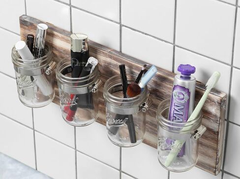 HOMKO Rustic Mason Jar Toothbrush Holder Wall Mounted - Mason Jar Bathroom Wall Storage Organizer – Farmhouse Wall Decor Small Bathroom Storage Containers (Rustic Gray) in Saudi Arabia