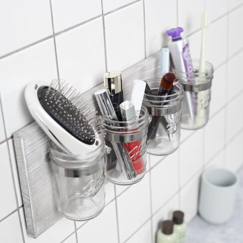 HOMKO Rustic Mason Jar Toothbrush Holder Wall Mounted - Mason Jar Bathroom Wall Storage Organizer – Farmhouse Wall Decor Small Bathroom Storage Containers (Rustic Gray) in Saudi Arabia