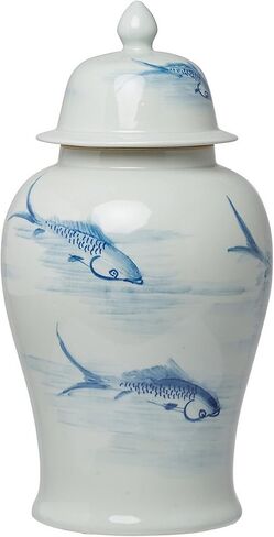 BenJara BM285885 19 بوصة. جرة الزنجبيل مع غطاء وسمك كوي فوق البورسلين الأبيض والأزرق in Kuwait