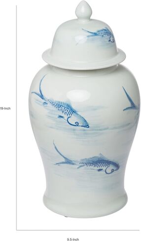 BenJara BM285885 19 بوصة. جرة الزنجبيل مع غطاء وسمك كوي فوق البورسلين الأبيض والأزرق in Kuwait