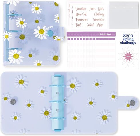 SOUL MAMA Mini Binder with Cash Envelopes - Cute Daisy Yellow A8 Binder Wallet, Money Organizer for Cash, Mini 3 Ring Binder, Clear Budgeting Planner Money Savings Binder in Kuwait