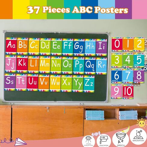 لوحة الإعلانات الأبجدية - ملصق ABC الأبجدية مجموعة تزيين الفصل الدراسي لمرحلة ما قبل المدرسة الإنجليزية ملصق رياض الأطفال الابتدائية الفصول الدراسية ديكور الحائط الرعاية النهارية لوازم المدرسة المنزلية (ملونة) in Saudi Arabia