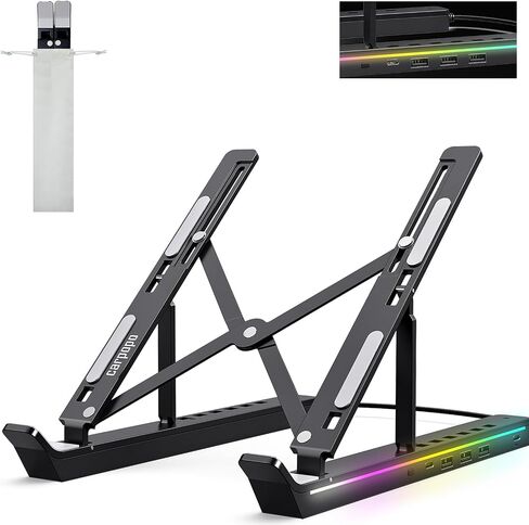 حامل كمبيوتر محمول قابل للتعديل من Krislait مع مصابيح LED RGB، حامل كمبيوتر محمول قابل للطي من السيليكون ABS لعام 2024، حامل تبريد جيد التهوية لجهاز MacBook Pro Air وLenovo وDell وHP 10-15.6" in Saudi Arabia