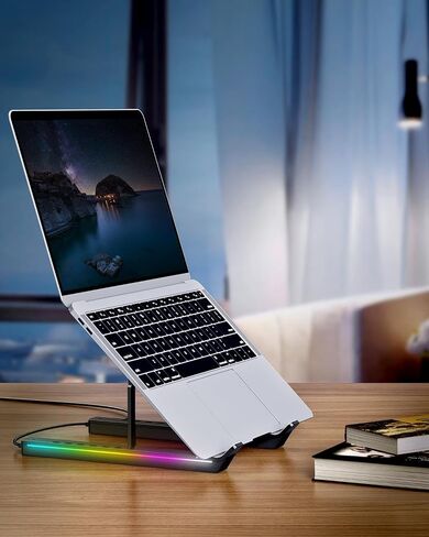 حامل كمبيوتر محمول قابل للتعديل من Krislait مع مصابيح LED RGB، حامل كمبيوتر محمول قابل للطي من السيليكون ABS لعام 2024، حامل تبريد جيد التهوية لجهاز MacBook Pro Air وLenovo وDell وHP 10-15.6" in Saudi Arabia