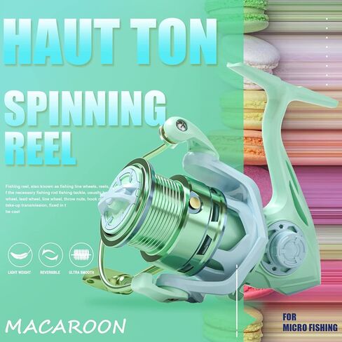 HAUT TON Spinning Reel Macaroon Beginner's Edition، 5+1BB بكرات صيد خفيفة للغاية، 5.2:1 نسبة التروس 18LBs أقصى سحب للأسماك الجليدية والمياه العذبة، تتضمن عمود التوازن in Kuwait