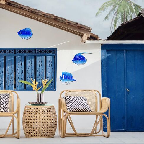 BVLFOOK Metal Wall Art Decor Octopus Crab Manta Ray Coastal Nautical Ocean Decor Concise 9'' Set of 3 Hanging Decorations for Bathroom Beach Indoor Outdoor Pool Home Bedroom Living Room Blue in Kuwait