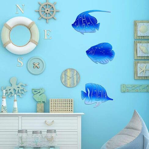 BVLFOOK Metal Wall Art Decor Octopus Crab Manta Ray Coastal Nautical Ocean Decor Concise 9'' Set of 3 Hanging Decorations for Bathroom Beach Indoor Outdoor Pool Home Bedroom Living Room Blue in Kuwait