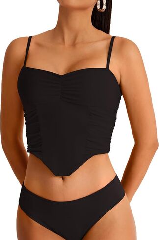 REORIA Women's V Neck Tank Top Sleeveless Sexy Sheer Mesh Ruched Y2k Crop Tops 2024 Spring/Summer Designer Collection in Saudi Arabia