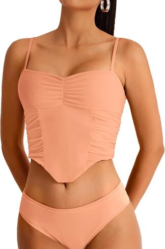 REORIA Women's V Neck Tank Top Sleeveless Sexy Sheer Mesh Ruched Y2k Crop Tops 2024 Spring/Summer Designer Collection in Saudi Arabia