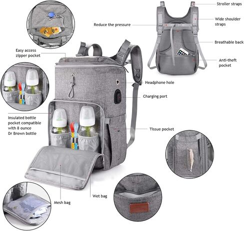 yookee home Large Diaper Bag, Backpack for Twins or Two Kids, Expandable Baby Diaper Bag for Mom Dad, Extra Large Travel Diaper Backpack with USB Charging Port, Portable Changing Pad, Stroller Straps in Kuwait