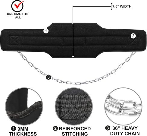 حزام غمس شديد التحمل 36 بوصة حزام وزن سلسلة - رفع الأثقال كمال الأجسام 7.5 بوصة عرض 9 مم سميك من النيوبرين مبطن لدعم الظهر في صالة الألعاب الرياضية وحزام سحب لأعلى وحزام غمس للتمرين in Kuwait