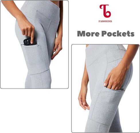 Light Grey Leggings for Women, High Waisted Yoga Workout Pants with Pockets, 26" Inseam, Tummy and Hip Lift in Saudi Arabia