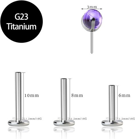2pcs G23 Titanium 18G/16G Threadless Push-in Flat Back Nose Stud Ring White/Purple 3mm Prong Clear Crystal Labret Monroe Lip Rings Helix Nail Cartilage Tragus Earring Piercing Jewelry 6mm 8mm 10mm in Saudi Arabia