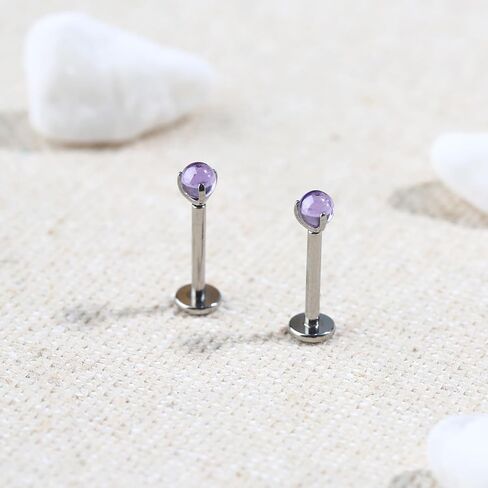 2pcs G23 Titanium 18G/16G Threadless Push-in Flat Back Nose Stud Ring White/Purple 3mm Prong Clear Crystal Labret Monroe Lip Rings Helix Nail Cartilage Tragus Earring Piercing Jewelry 6mm 8mm 10mm in Saudi Arabia