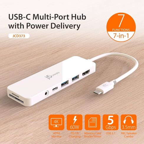 j5create USB-C Mini Hub - 4K HDMI, 2 x USB 3.1 5Gbps, microSD & SD Card Reader, 3.5mm Audio Jack, 60W PD Pass-Through Charging (JCD373) in Saudi Arabia