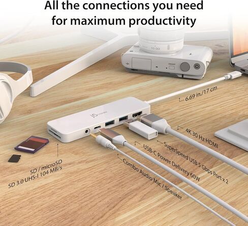j5create USB-C Mini Hub - 4K HDMI, 2 x USB 3.1 5Gbps, microSD & SD Card Reader, 3.5mm Audio Jack, 60W PD Pass-Through Charging (JCD373) in Saudi Arabia
