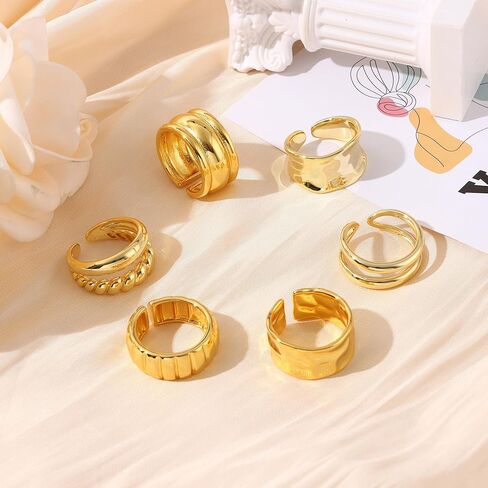 6 قطعة خواتم مكتنزة قابلة للتكديس للنساء مطلية بالذهب عيار 14K خاتم مرصوف مجموعة قبة سميكة مفتوحة خواتم خاتم هدايا مجوهرات أنيقة in Kuwait