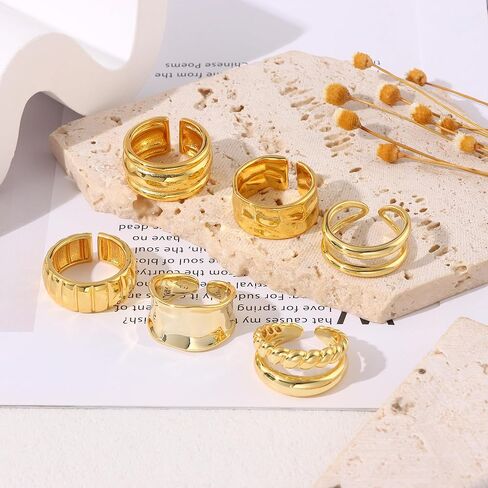 6 قطعة خواتم مكتنزة قابلة للتكديس للنساء مطلية بالذهب عيار 14K خاتم مرصوف مجموعة قبة سميكة مفتوحة خواتم خاتم هدايا مجوهرات أنيقة in Kuwait
