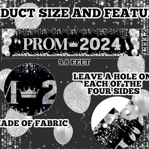 2024 Prom Decorations Yard Banner, Prom Banner Outdoor Yard Sign Large 9.8x1.6ft Prom Send Off Decorations 2024 Garden Banner Black and Silver Prom Decorations for Outdoor Indoor Fence Decorations in Saudi Arabia