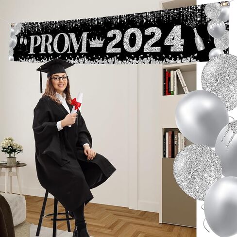 2024 Prom Decorations Yard Banner, Prom Banner Outdoor Yard Sign Large 9.8x1.6ft Prom Send Off Decorations 2024 Garden Banner Black and Silver Prom Decorations for Outdoor Indoor Fence Decorations in Saudi Arabia